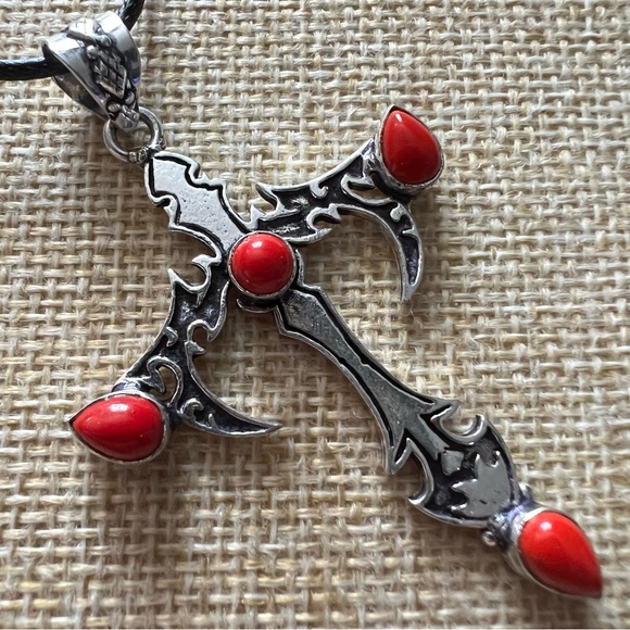New Gothic Style Silver Overlay and Coral Cross Pendant Necklace - Picture 5 of 7